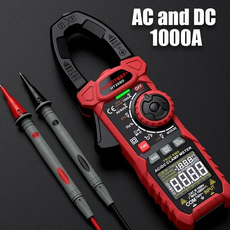 HT208D Amp Meter Clamp AC/DC, 1000A True RMS Multimeter Tester, 6000 zliczeń, z temperaturą, NCV, LPF, test napięcia i prądu