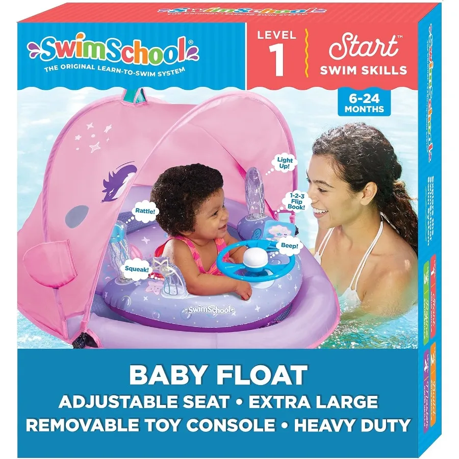 

SwimSchool Infant Baby Pool Floats Free Swimming Super Buoyant Ages 6-24 Months Multiple Colors Styles Adjustable Canopies and