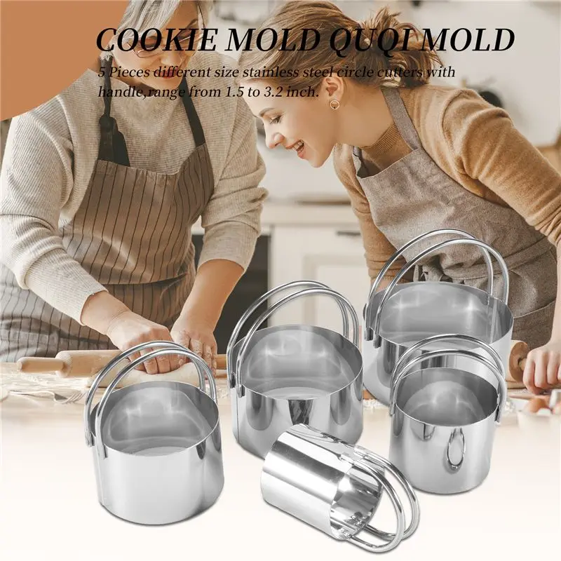 5 Pcs Biscuit Cutter With Handle - Stainless Steel Round Circle Donut Cutter Cookie Cutter Baking Molds 5 Sizes Limited Time Off