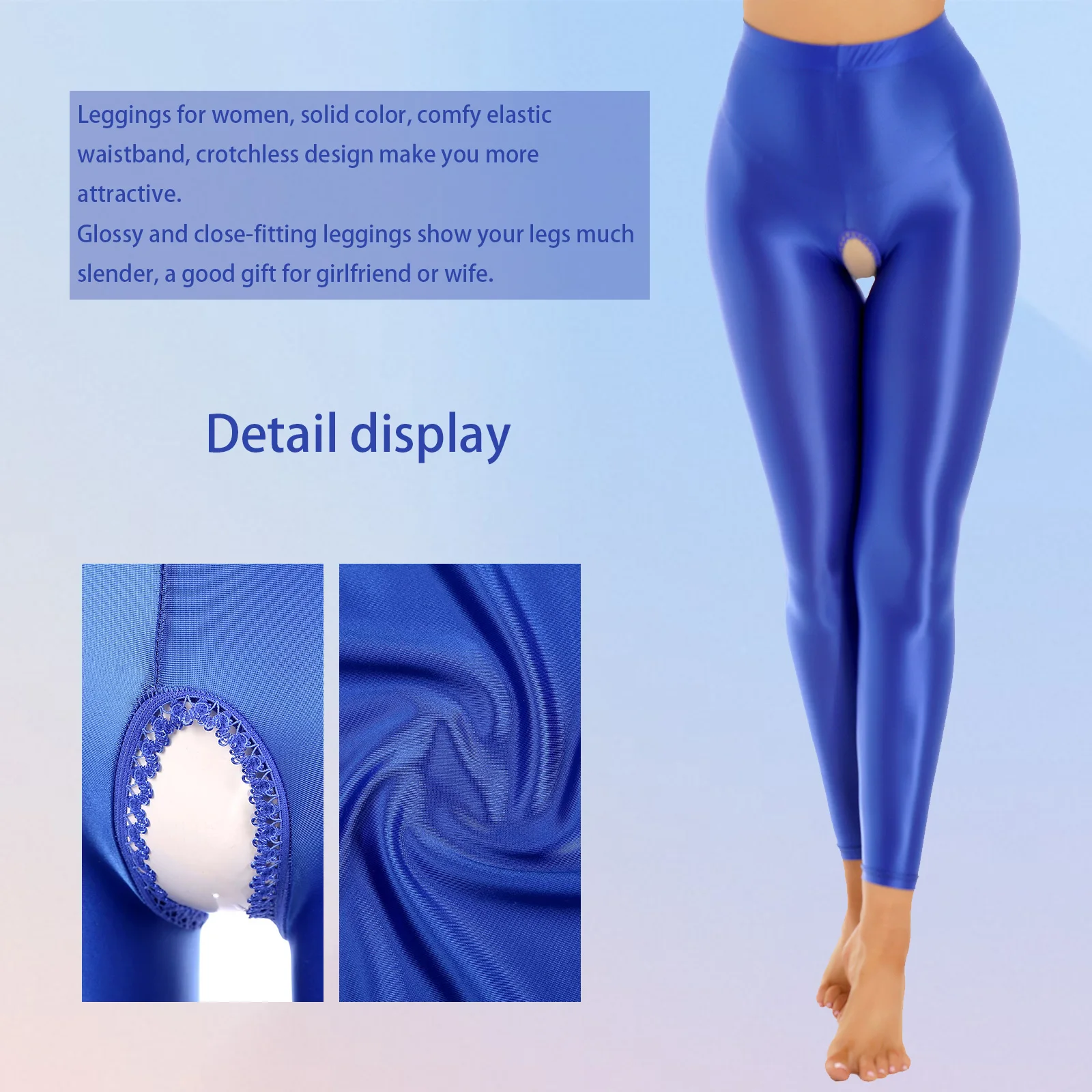 Women Solid Color Skinny Oil Glossy High Waist Open Crotch Leggings Pants Lingeries Tights Nightpants Club Porn Party Trousers