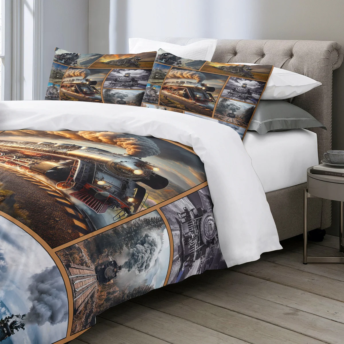 BeddingOutlet Retro Locomotive Duvet Cover Set Warm Soft Railway Engine Train Bed Set with Zipper Closure for Boys Girls Bedroom