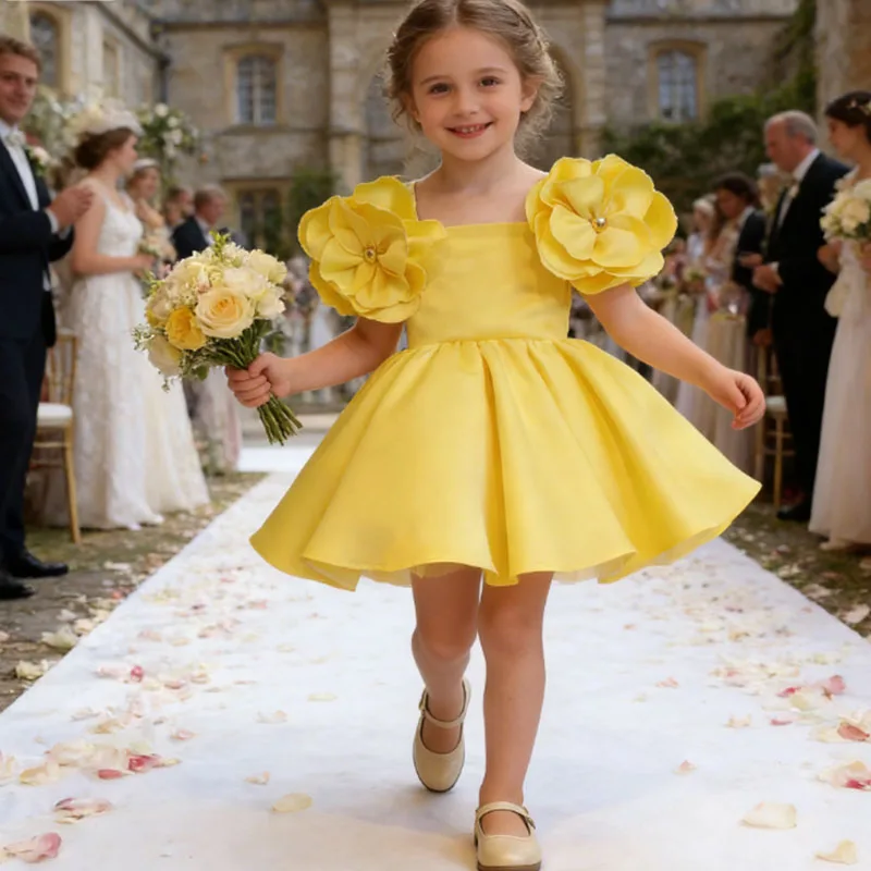 Elegant Girls Dress For Party Yellow Flower Bridesmaid Kids Wedding Party First Communion 1st Birthday Party Vestidos Dress