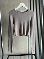 Short knit Top for Women 2024 traf new blend solid color All-match soft touch thread knit long sleeve short top for women