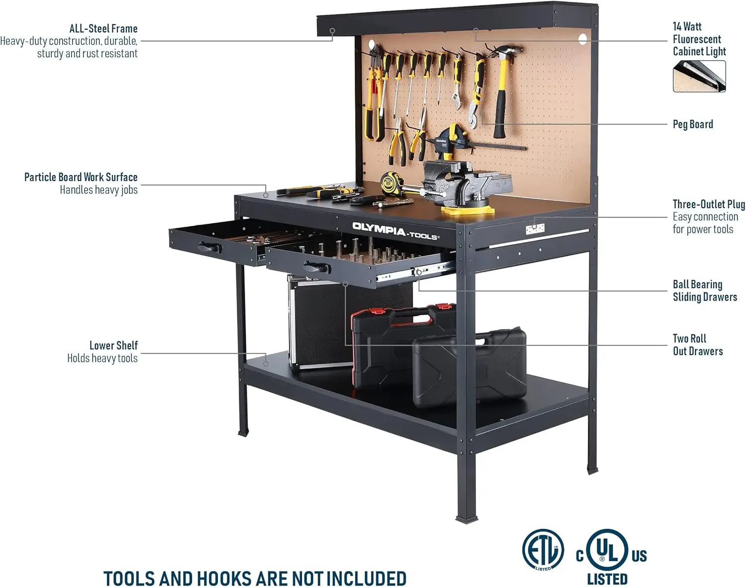 Olympia Tools Multipurpose Workbench With Power Outlets and Light, 410-014-0111 , Black