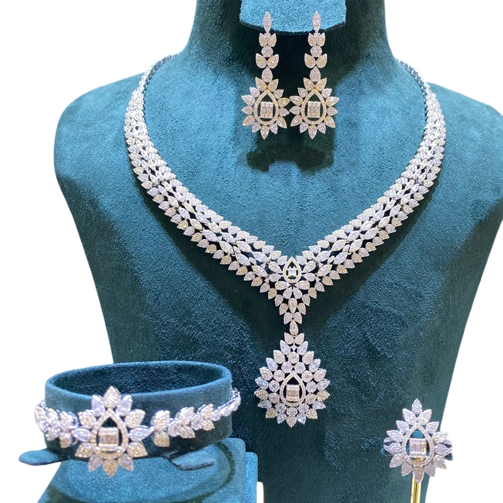 008719 Hot Elegant Jewelry Sets Water Drop CZ Bridal Necklace For Women Earrings Bracelet Ring Dubai Jewelry Set Wedding Parting