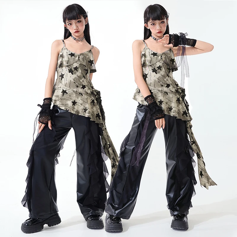 Neue Kpop Dance Bühne Kostüm Mädchen Jazz Leistung Outfit Sling Top Schwarz Shorts Kinder Mode Kleidung Street Dance Tragen AMY2235