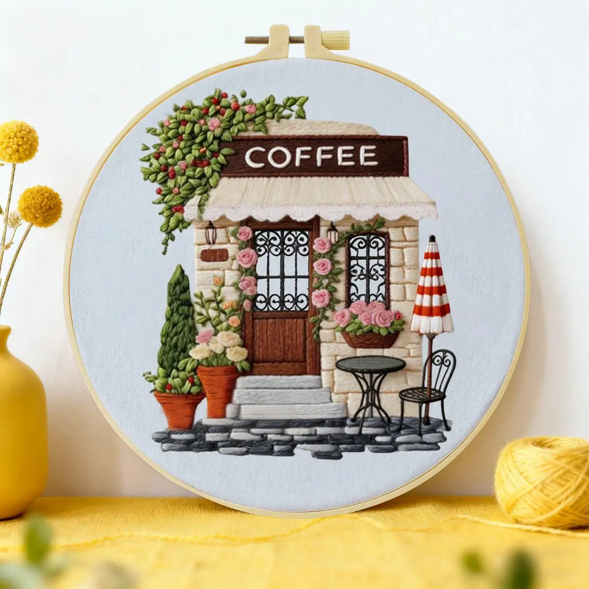 1 Stück 20X20CM/15X15CM 7,87/6,3 Zoll Kaffeehaus-Stickerei-Starter-Kit DIY-Kit DIY-Stickerei-Set Handarbeiten Nähkunst – Detail 2