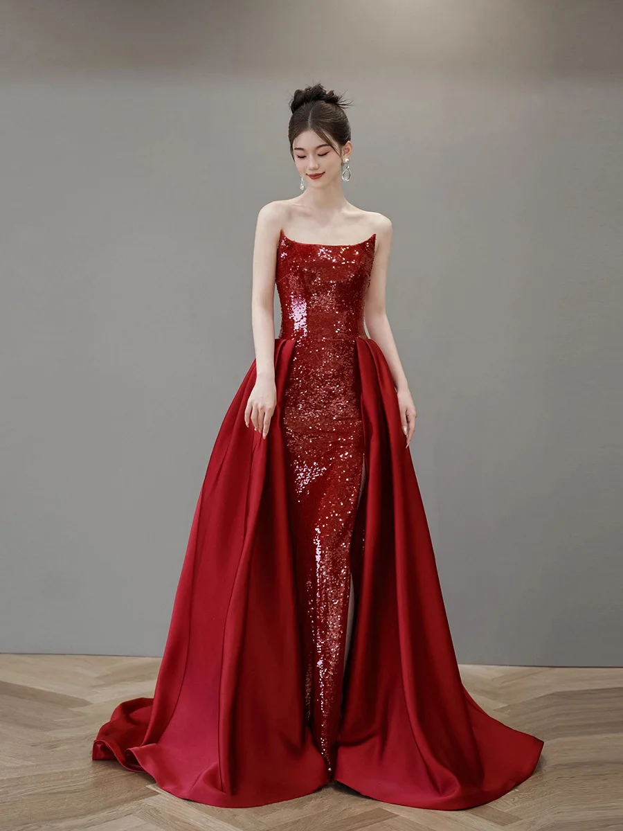 Modern Style Red Strapless Mermaid Side Split Prom Dresses Glitter Sequin Court Train Slim Fit Evening Banquet Party Dresses