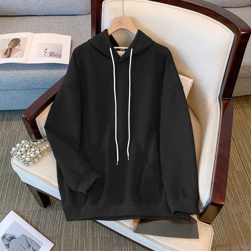 Autumn and Winter Plus Size Women's Casual Loose Solid Color Hooded Sweatshirt Nine Colors Long Sleeve Sports Commuter Tops