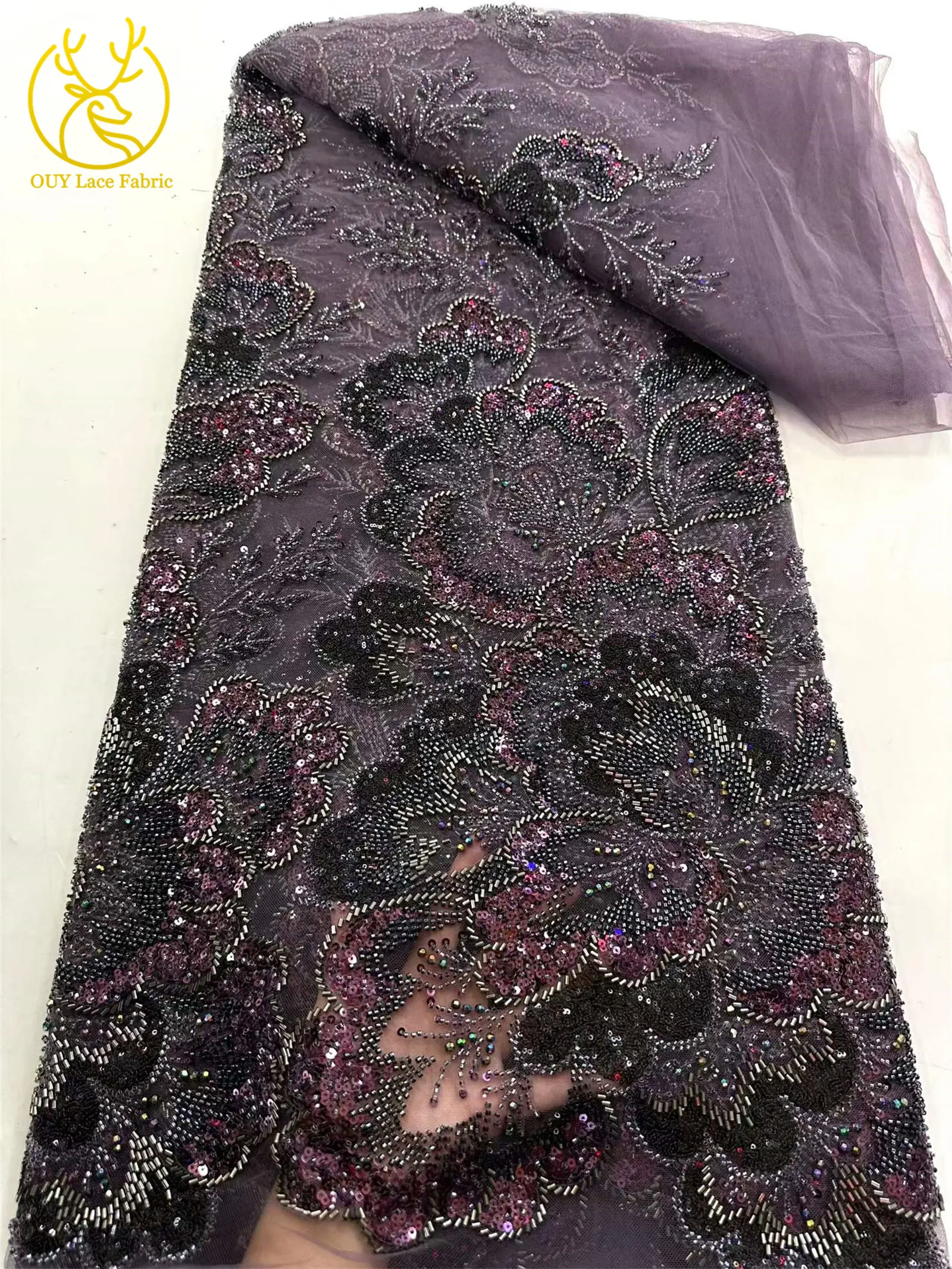 Afrikanischer Brautkleidstoff mit Perlen und Spitze 2026 Luxuriöse Nigerianische Stickerei Pailletten-Spitze Französische Tüllspitze für Brautkleider – Detail 7