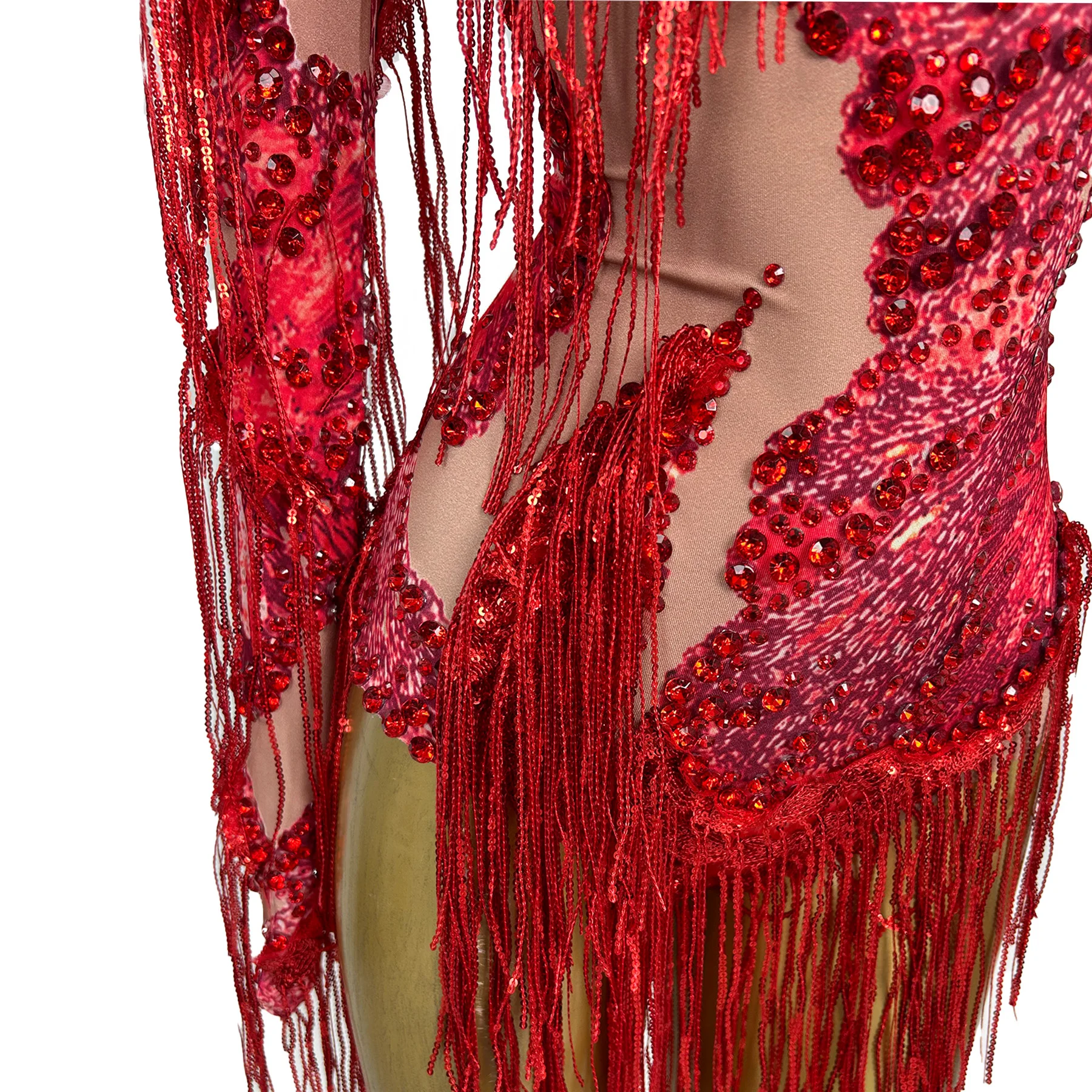 Duxiu One Sleeved Women Jumpsuit Red Rhinestone Fringe Skirt Bar Celebrity Performance Costume Latin Dance Pole Dance Skirt