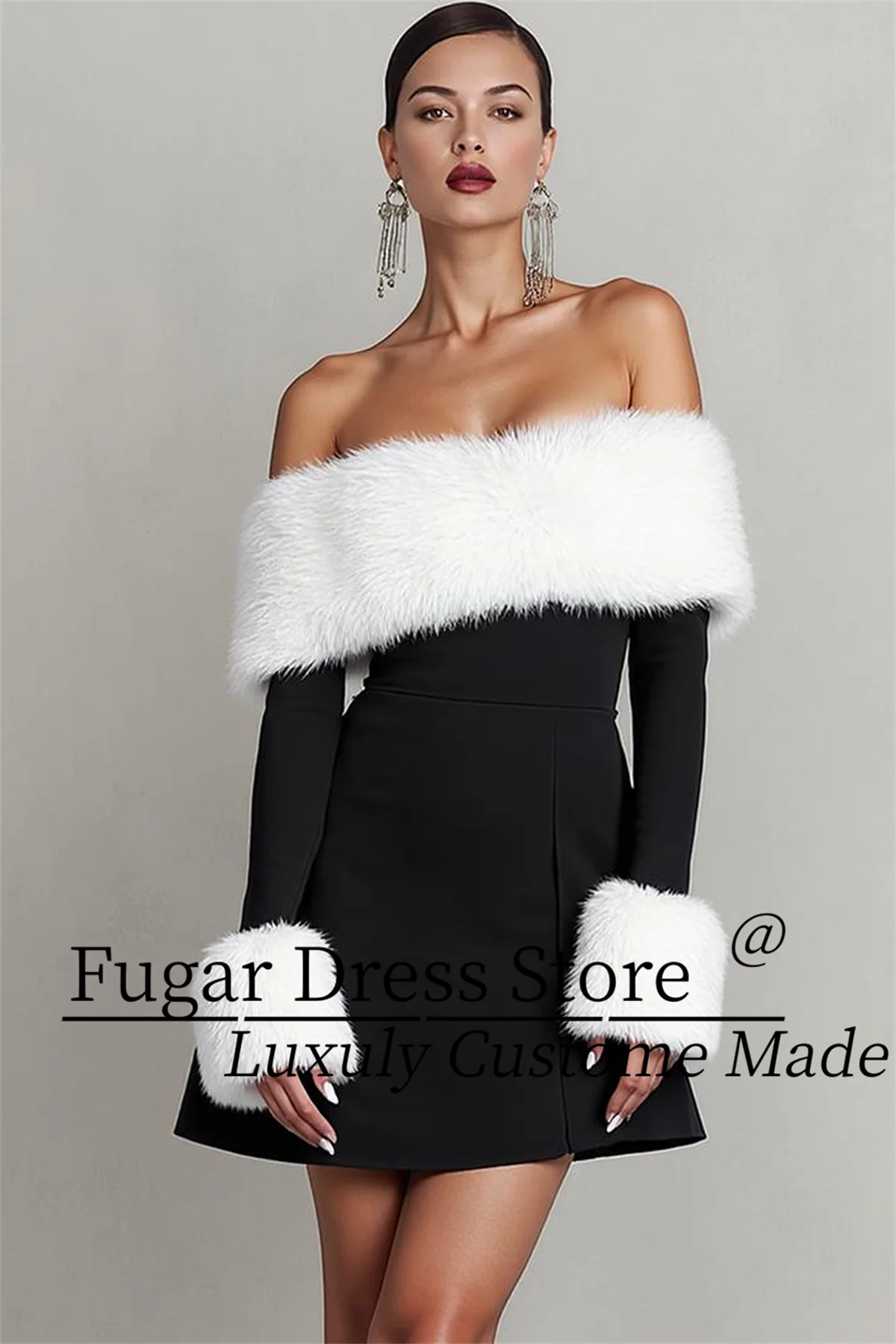 

TIANTIAN Customized Size Formal Party Dress Black Sexy Off the Shoulder Long Sleeves Mini Dress Vestidos de fiesta elegantes