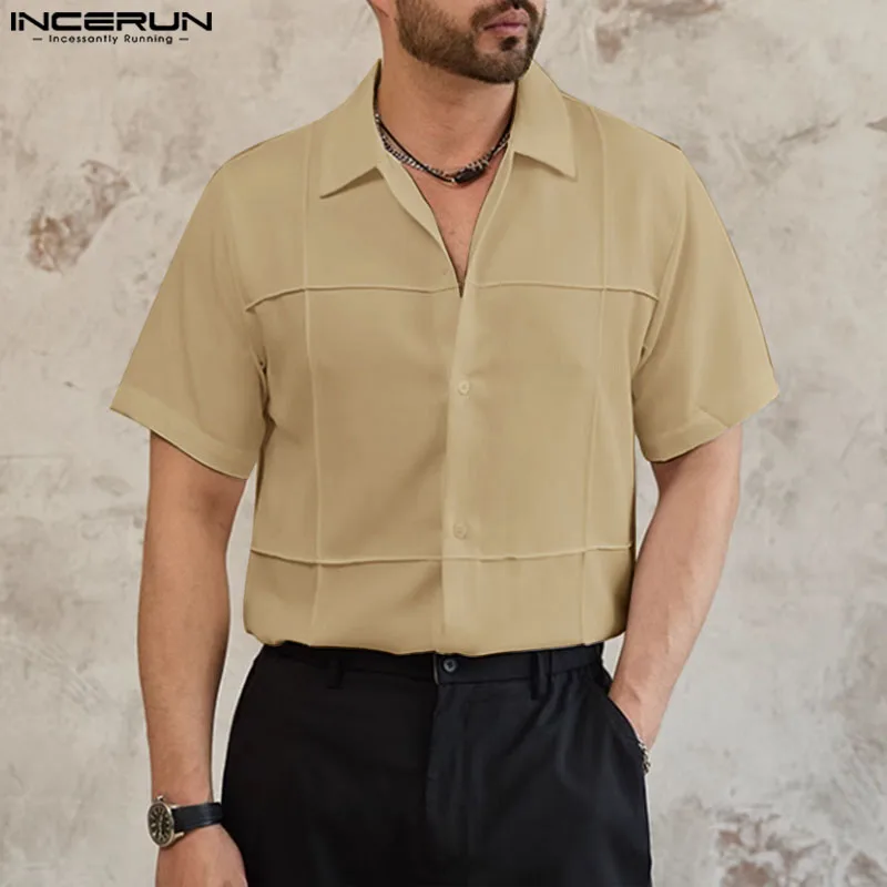 

INCERUN Men's Shirt Solid Color Lapel Short Sleeve Streetwear Summer Casual Men Clothing 2024 Korean Leisure Male Shirts S-5XL