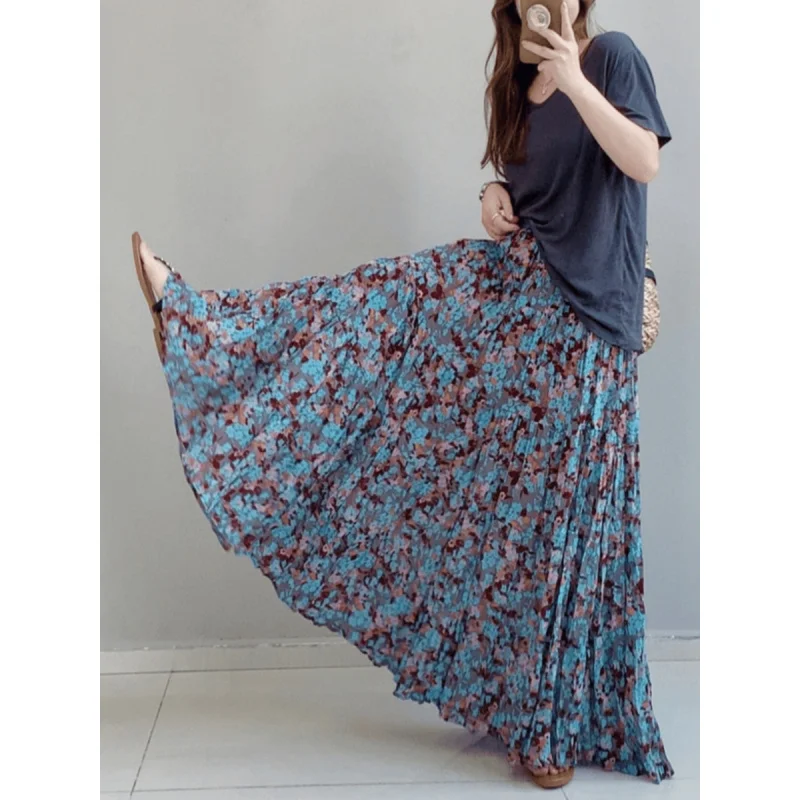 Large Hem Blue Series Summer Pleated Slimming Elegant High Waist Mid-Length Floral Skirt