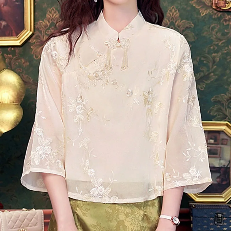 

Summer Chinese Style Stand Collar Women Blouse Embroidery Tassel Blouse Shirt Womens Tops Blusas De Mujer Camisas JJ783