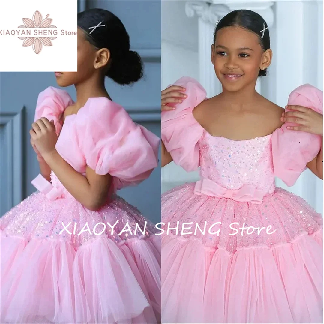 Rosa Tüll Blumen mädchen Kleid für Hochzeit Pailletten geschwollen mit Bogen kurze Ärmel niedlichen Baby Geburtstag Ballkleider Party kleid