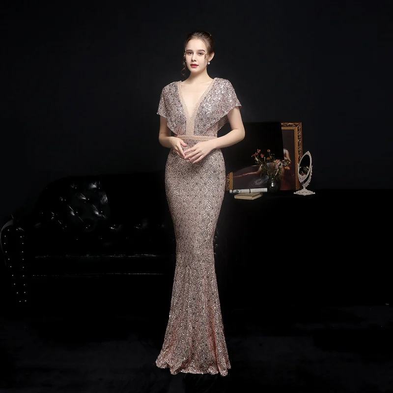 Plaid Sequin Fishtail Banquet Elegant Graceful Annual Meeting Host Car Model Party Dress Female Autumn