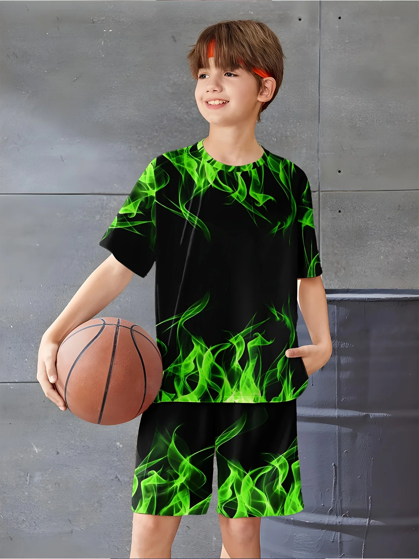 3D Flame Printed Casual Clothing T-shirt and Shorts Set with Bright Colors Suitable for Summer Clothing