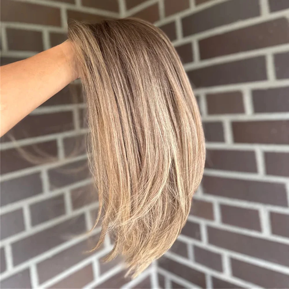 Ombre Honey Blonde Lace Front Wig 14 Inch Straight Bob Wig Heat Resistant Fibre Ash Roots Natural Preplucked Hairline Womens Wig