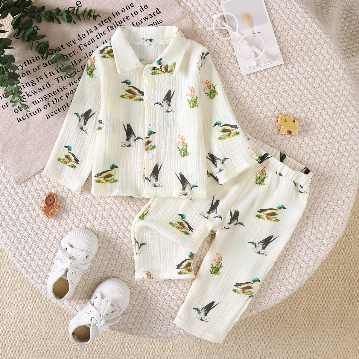 Toddler Baby Duck Print Waffle Cotton Pajama Set 0-2Y Boys Girls Long Sleeve Lapel Shirt Pants 2Pcs Spring Soft Breathable Kids