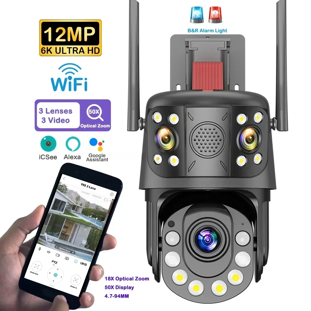 ワイヤレスホームセキュリティカメラ,wifi cctv,IP ptz,3レンズ,50倍ズーム,360, 6k icsee,屋外,12mp,2024