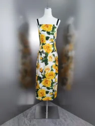 100% Mulberry Silk Halter Dress 2024 Summer Casual Style for Women Yellow Rose Print Mulberry Silk Halter Dress