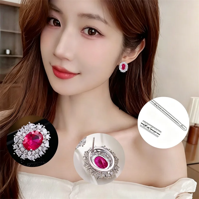 French Style Stud Earrings Oversize Oval Red Clear Zircon Delicate Charm Earrings for Women Fashion Female Party Ear Accessories