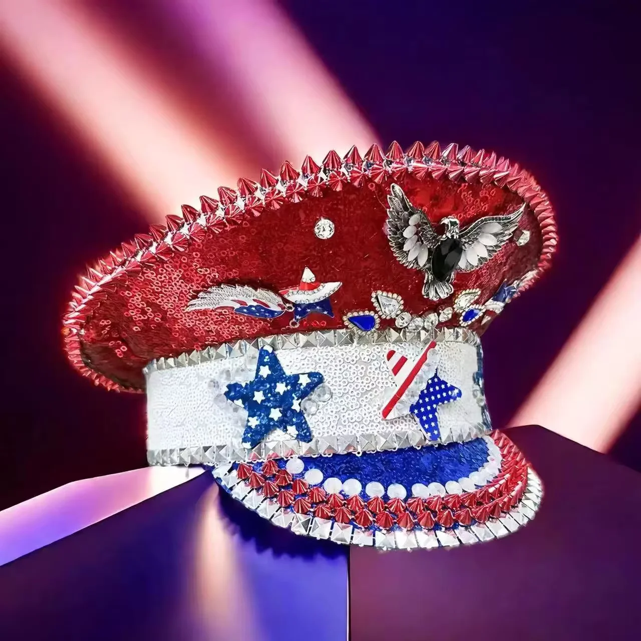 HongLuan Yellow Laser Leather Loop Captain Hat Rhinestone & Military Caps for Woman, Rave Festivals Accessories ＆ Party Cap Man