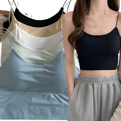 Summer Bra Ice Silk Crop Tops Sports Spaghetti Strap Vest Top Women Sexy Internal Bra Off Shoulder Sleeveless Camisole Underwear