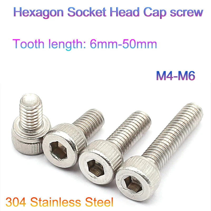 5/10/20/30/50 Pcs DIN912 M4 M5 M6 304 Stainless Steel Hex Socket Screw Nominal Diameter4/5/6mm Cylindrical HCap Allen Bolt Screw