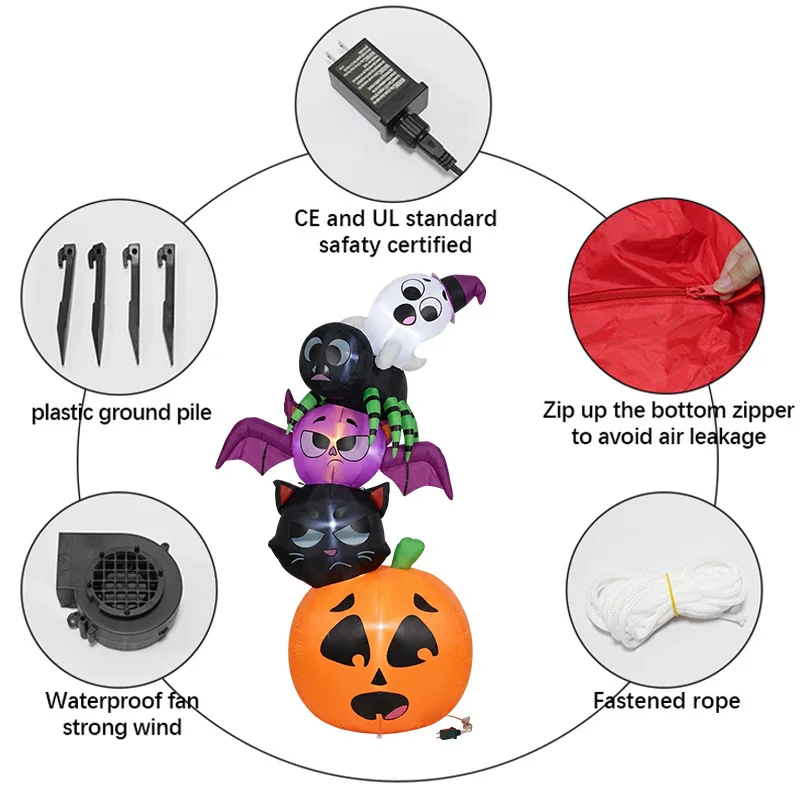 18m Halloween Inflatable Decorations Stacked Pumpkins Black Cat Bat Spider Ghost LED Lights Polyester Material for Yard Parties
