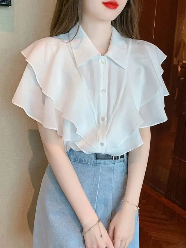 Korean Summer Women\'s POLO Collar 3D Ruffles Single Breasted Batwing Sleeve Simplicity Loose Short Sleeve Chiffon Shirt Tops