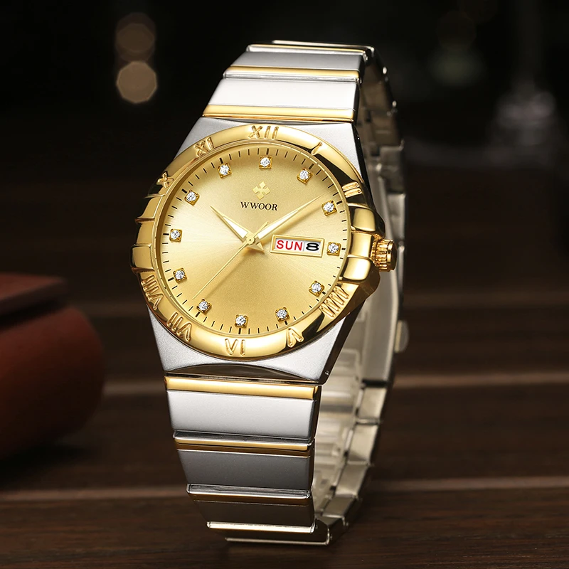 WWOOR New Gold Men Luxury Watch Full Steel Quartz Minimalist Diamond Wristwatch Luminous Watch For Men Fashion Relogio Masculino