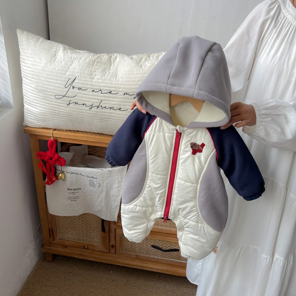 

2025 Winter Toddler Kid Girls Overalls Windbreaker Thick Warm Hooded Infant Baby Girls Romper Ins Plush Children Girls Bodysuits