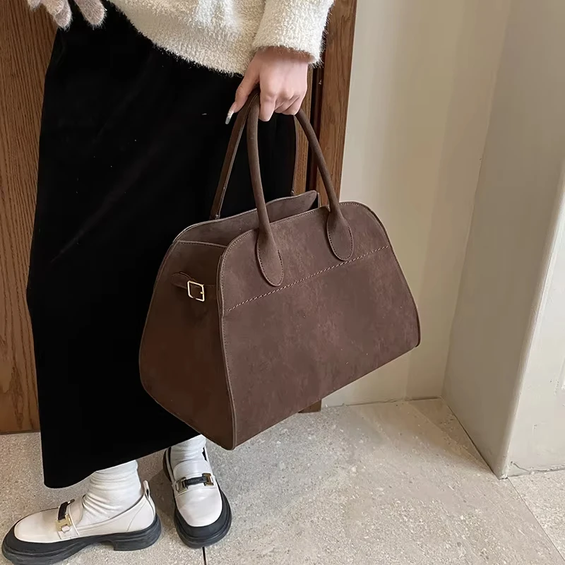 2024 Large Women's Handbag Fashion Retro Solid Color Suede Leather Single Shoulder Handbag Luxury Handbag