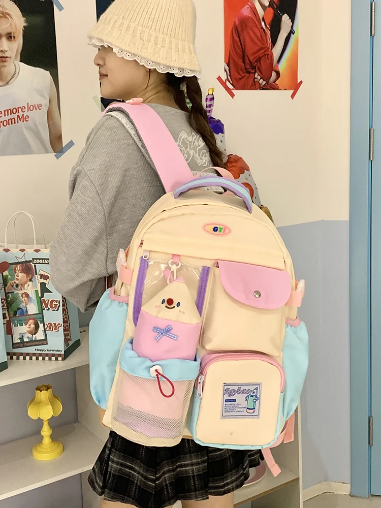 2025 New Fashion Nylon Fabric Splicing Color Blocking Large Capacity Backpack Simple And Casual Female Student Backpack Trendy