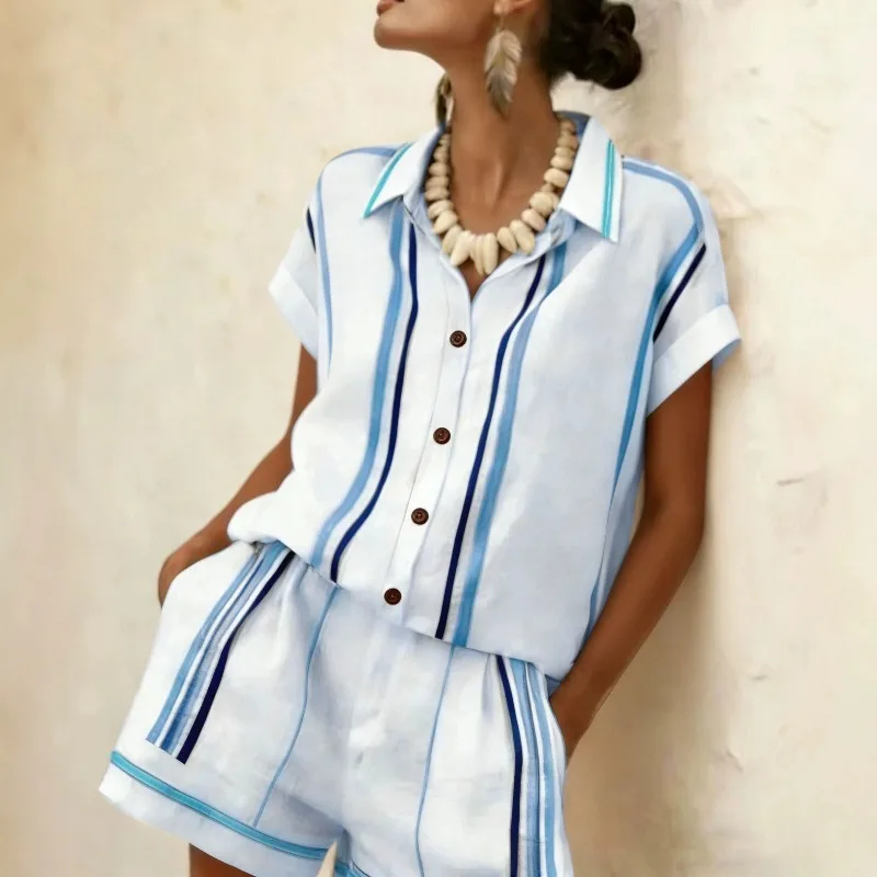 

Vintage Simple Casual Stripe Linen Button-Down Shirt & Elastic Waist Shorts Women's 2-Piece Outfit Summer Shirt vacation Suit