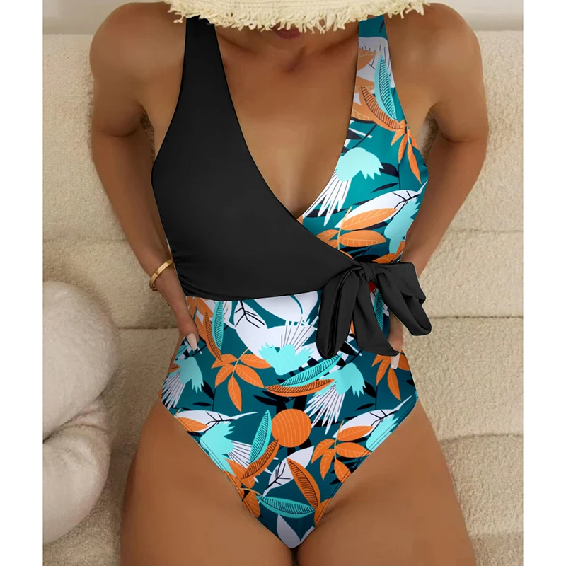 

Asymmetrical Print Patchwork One Piece Swimsuit Female Vintage Sexy Lace Up V Neck Backless Bathing Suit Swimming Beachwear 2025