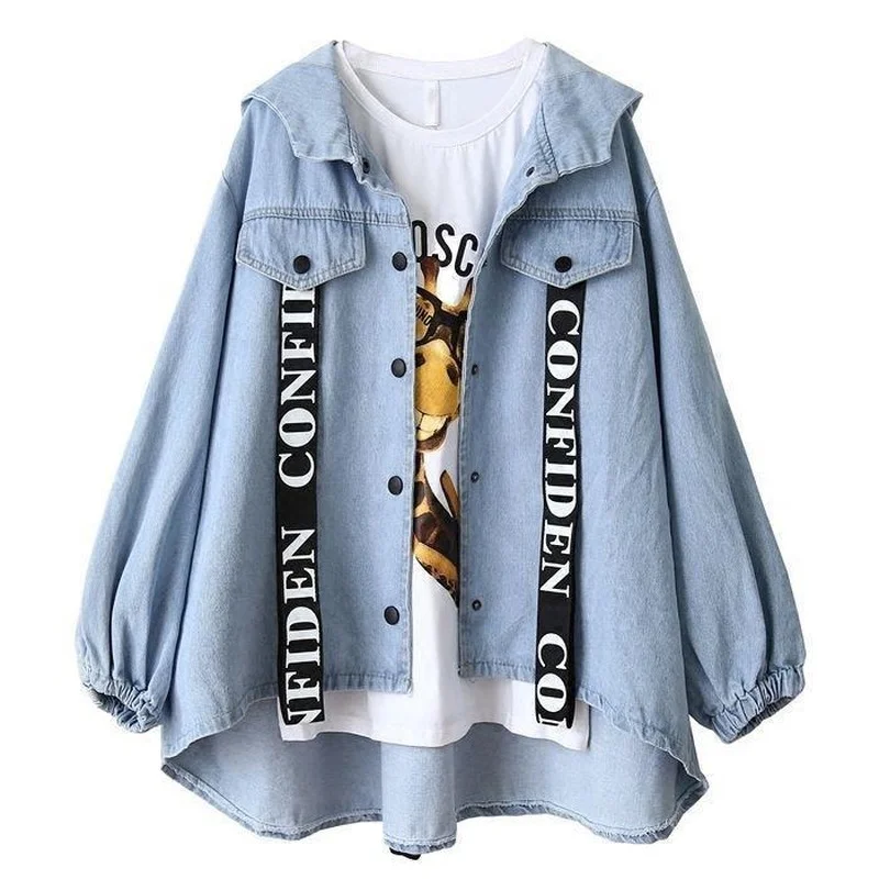 Women's Hooded Denim Jacket Spring Autumn Plus Size Loose Blue Jean Jacket Coat Retro Free Shipping Wholesale Cropped Top New