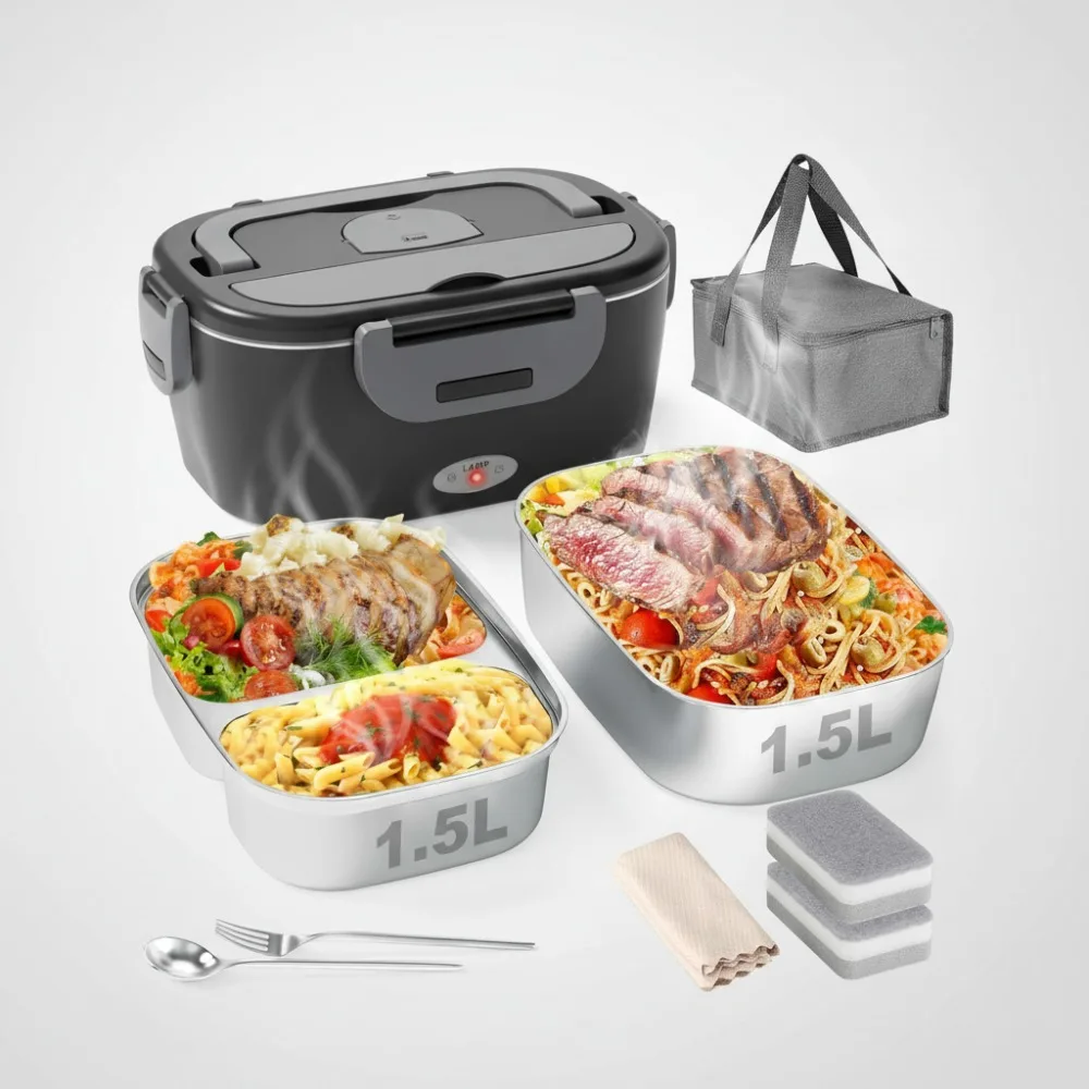 

Portable Electric Lunch Box - 80W Fast Heating, Dual 1.5L Stainless Steel Containers for Office, Car & Travel