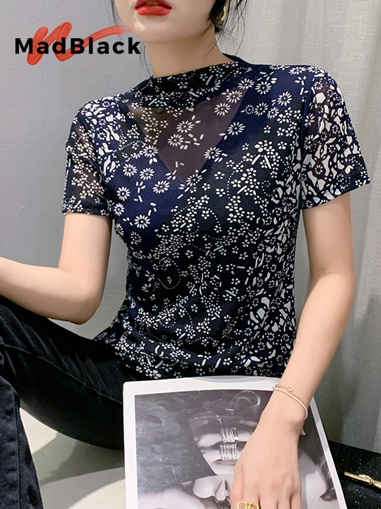 

MadBlack-женская европейская футболка, сексуальный воротник с принтом, винтажная тонкая трикотажная футболка с короткими рукавами M-3XL, весна 2026 T61274CC