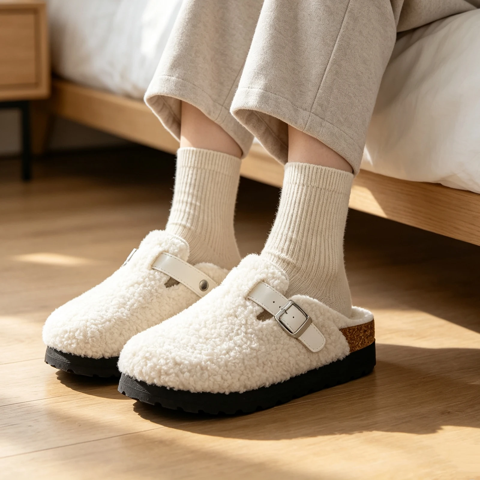 Shevalues Fuzzy Lined Clogs Damen-Slipper mit Korkfußbett, warme, flauschige Hausschuhe, rutschfeste, gemütliche Outdoor-Slides für Damen – Detail 5