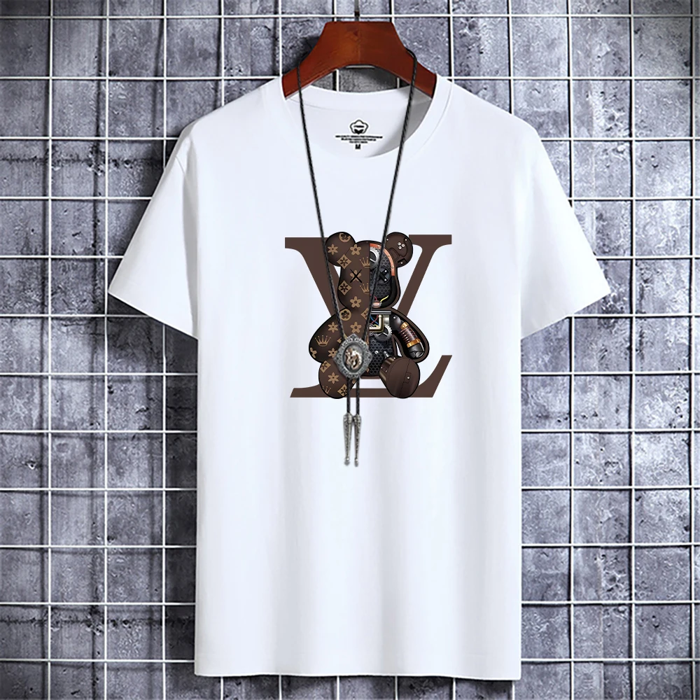 Summer Men\'s Luxury Casual T-Shirt Retro Y2k Designer Short Sleeve Tees Male Vintage Cotton Trendy High Quality Bear Print Tops