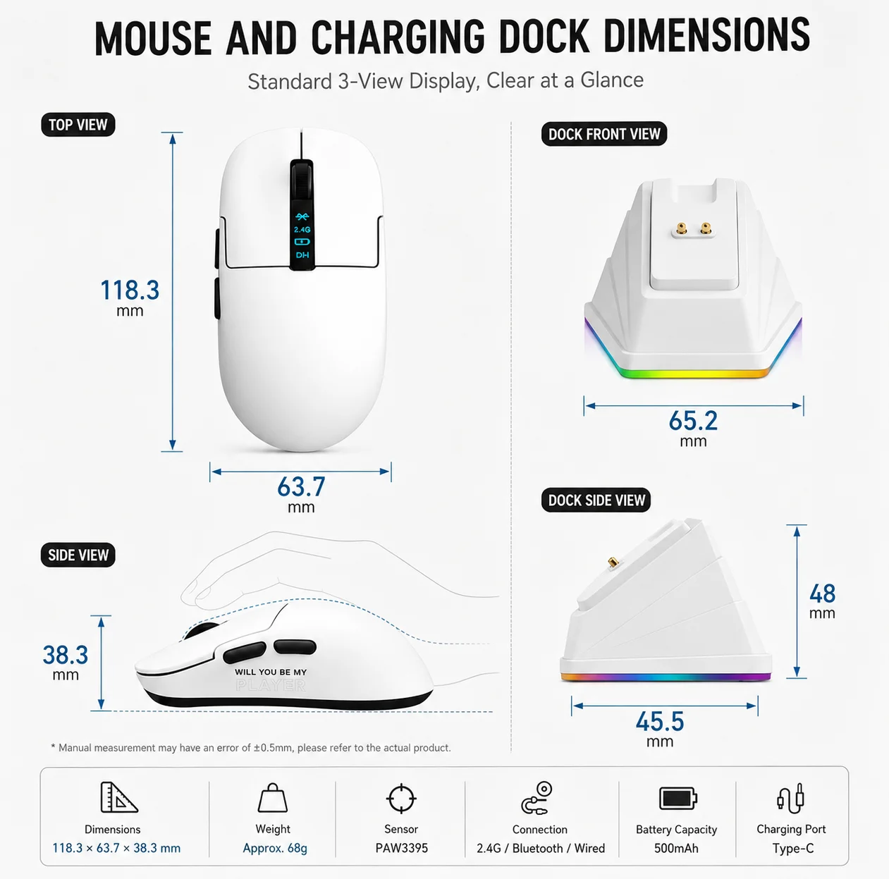 ABS 6 buttons three mode bluetooth wired portable wireless mouse with charging dock