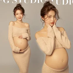 Women Photography Props Maternity Dresses Pregnancy Knitted Tops Skirt Casual Studio Photoshoot Clothes 2pcs