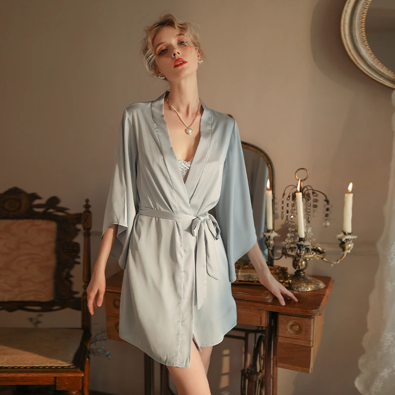 New Female Robe Nightgown Set Sensual Lingeries For Woman Ice Silk Satin Surface Pajama Women\'s Nightwear Pyjamas Set For Women