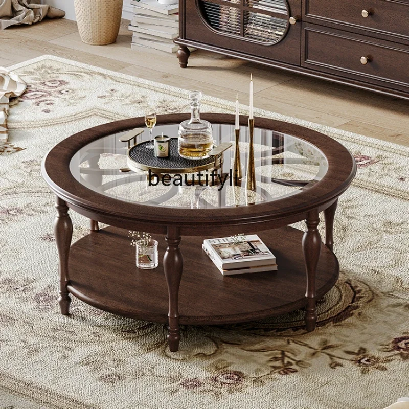 

FGTavolo da tè rotondo di lusso leggero americano Retro Country in legno massello soggiorno tavolo da tè per uso domestico picco