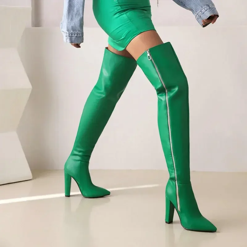 Green Yellow Pointed Toe Thick Block High Heels Stripper Pole Dance Shoes Side Zipper Overknees Over-the-knee Thigh Long Boots