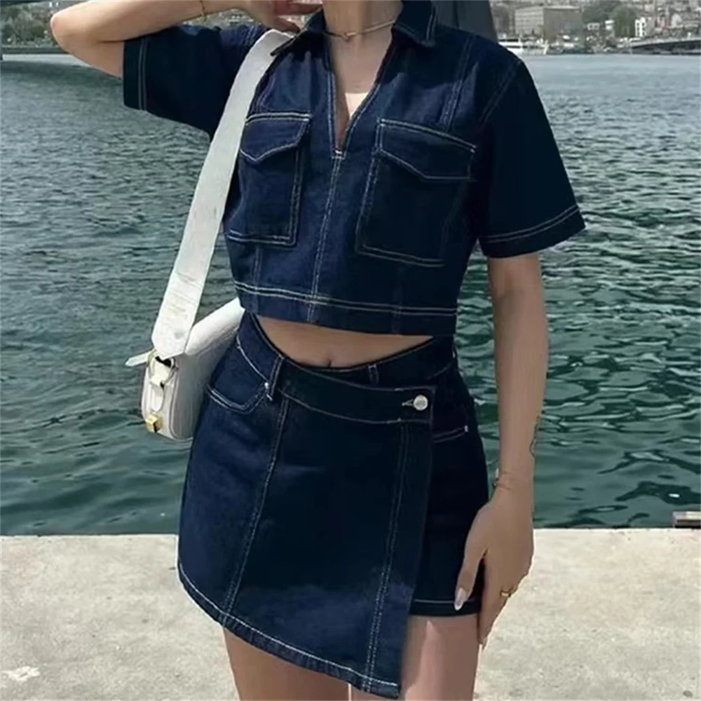 European And American Style 2024 Summer Women\'s Clothing New Fashion Short Denim Shirt Double Breasted Denim Skirt Pants Set