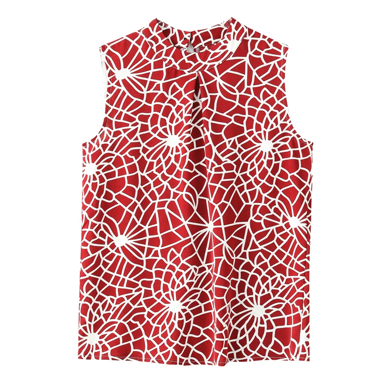 Fashion Women Blouse Elegant Chiffon Blouse Summer 2022 Sleeveless Red  Print  Tank Top Office Lady Formal Shirts